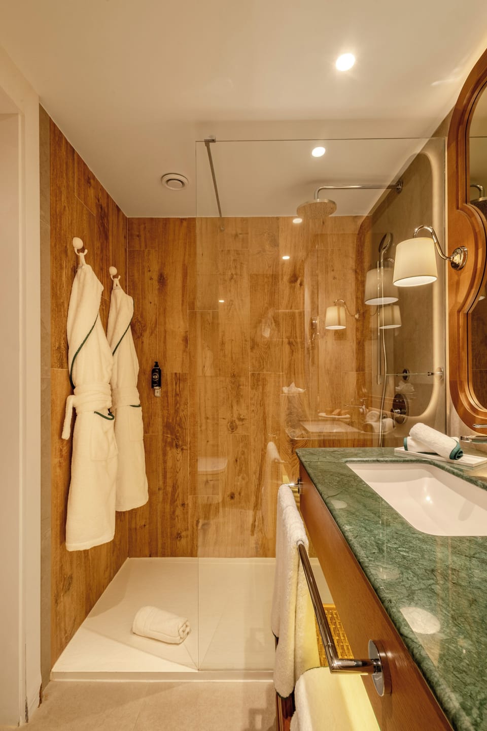 Shower, rainfall showerhead, hair dryer, bathrobes
