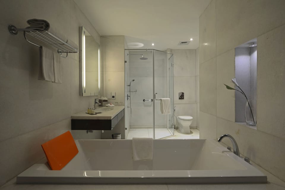 Deep soaking tub, rainfall showerhead, free toiletries, hair dryer