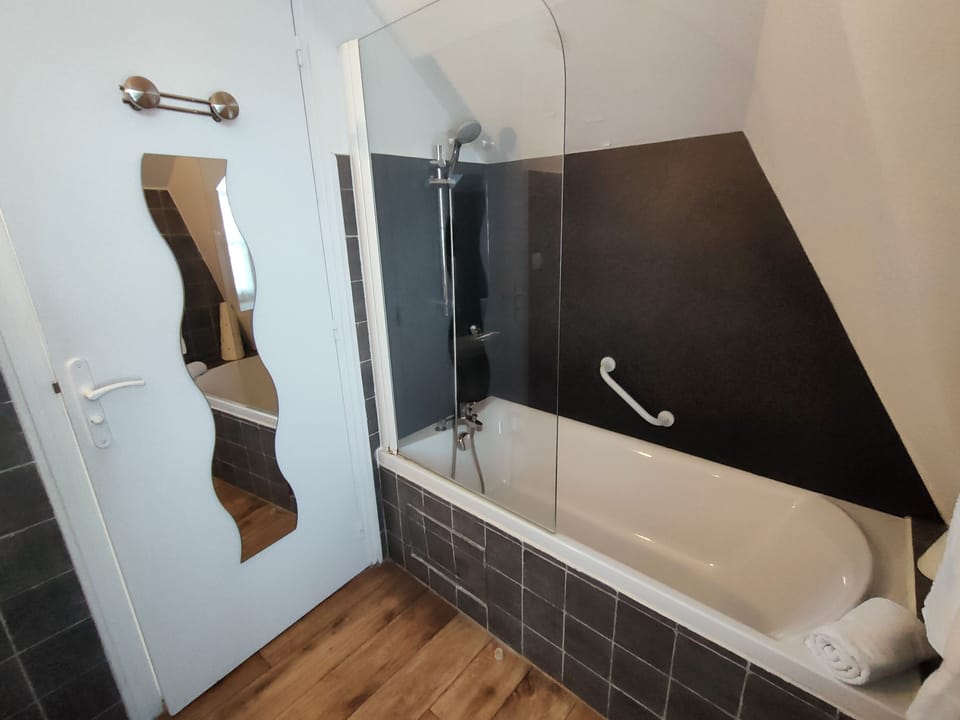 Rainfall showerhead, hair dryer, towels