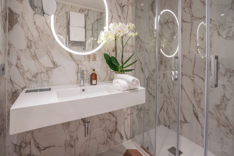 Shower, rainfall showerhead, hair dryer, slippers