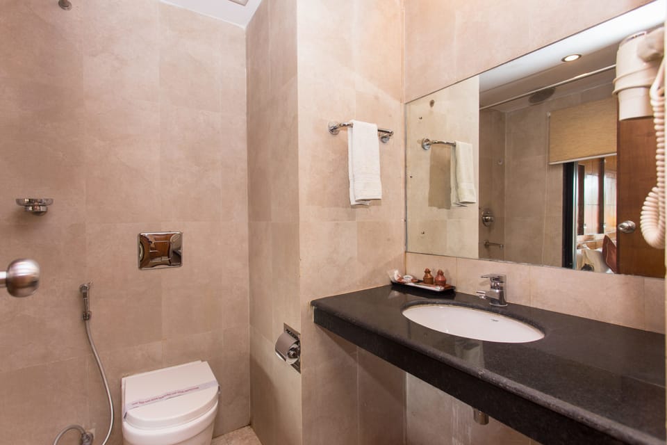 Shower, hydromassage showerhead, free toiletries, hair dryer