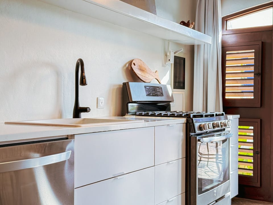 Full-size fridge, oven, stovetop, dishwasher