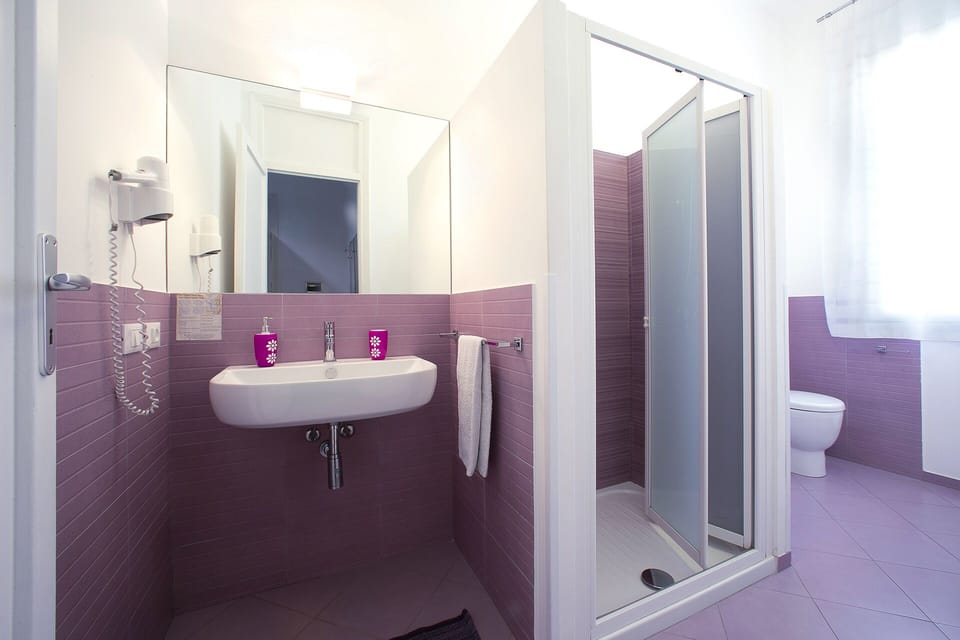Shower, rainfall showerhead, free toiletries, hair dryer