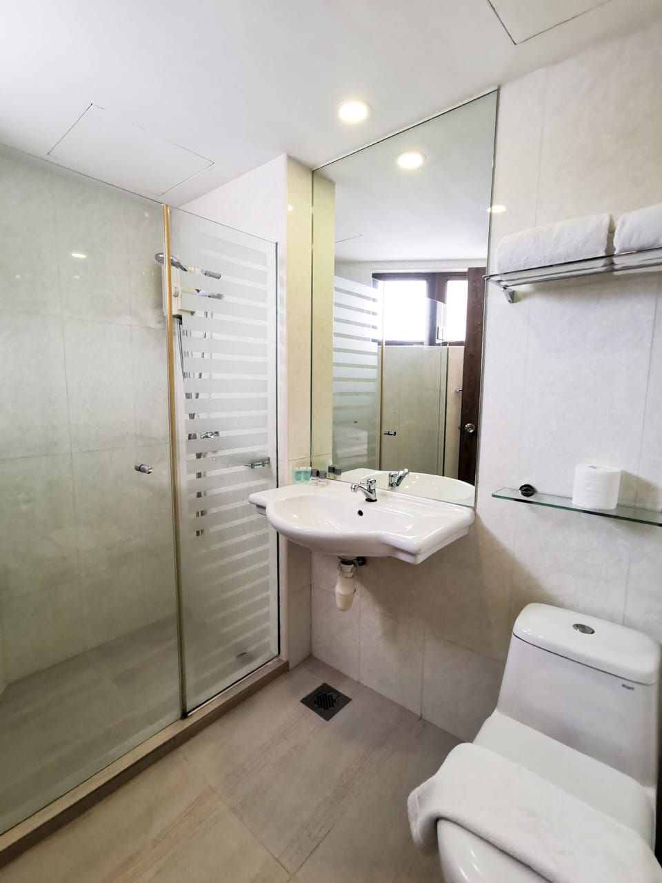 Shower, free toiletries, hair dryer, towels