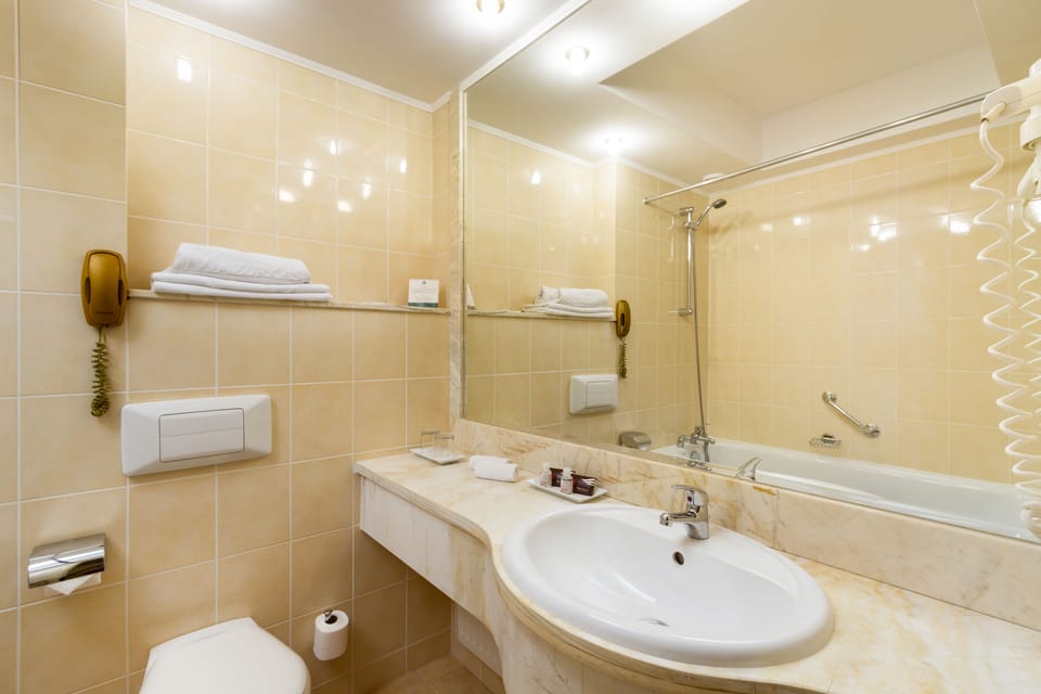 Combined shower/tub, free toiletries, hair dryer, towels