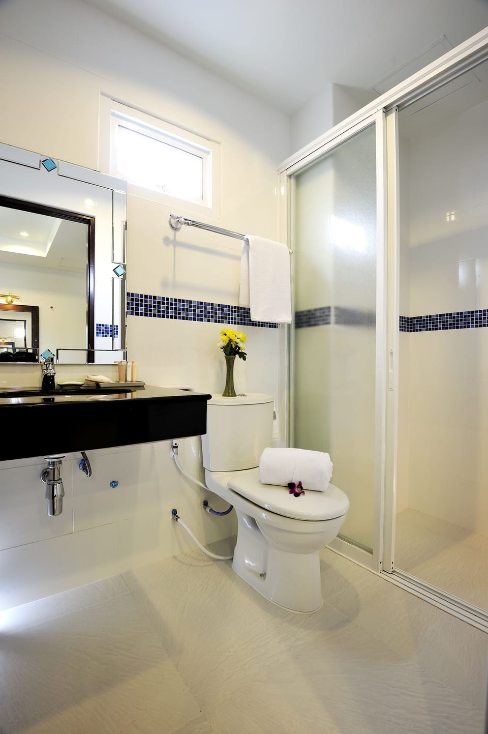 Shower, free toiletries, hair dryer, bidet
