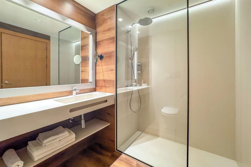 Shower, hair dryer, bidet, towels