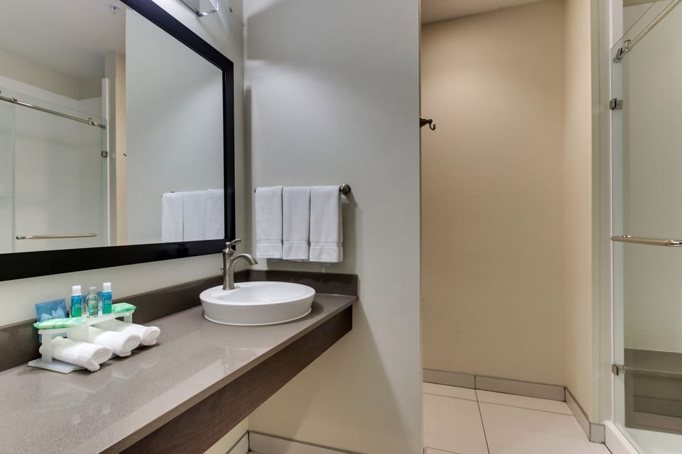 Combined shower/tub, hair dryer, towels