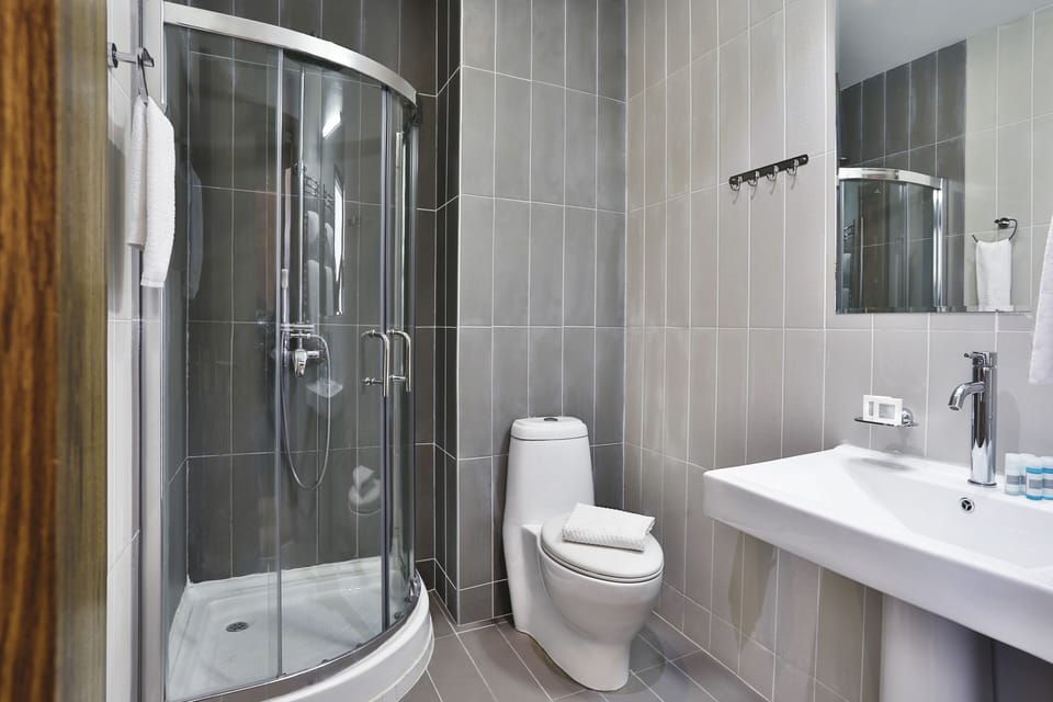 Shower, free toiletries, hair dryer, bathrobes
