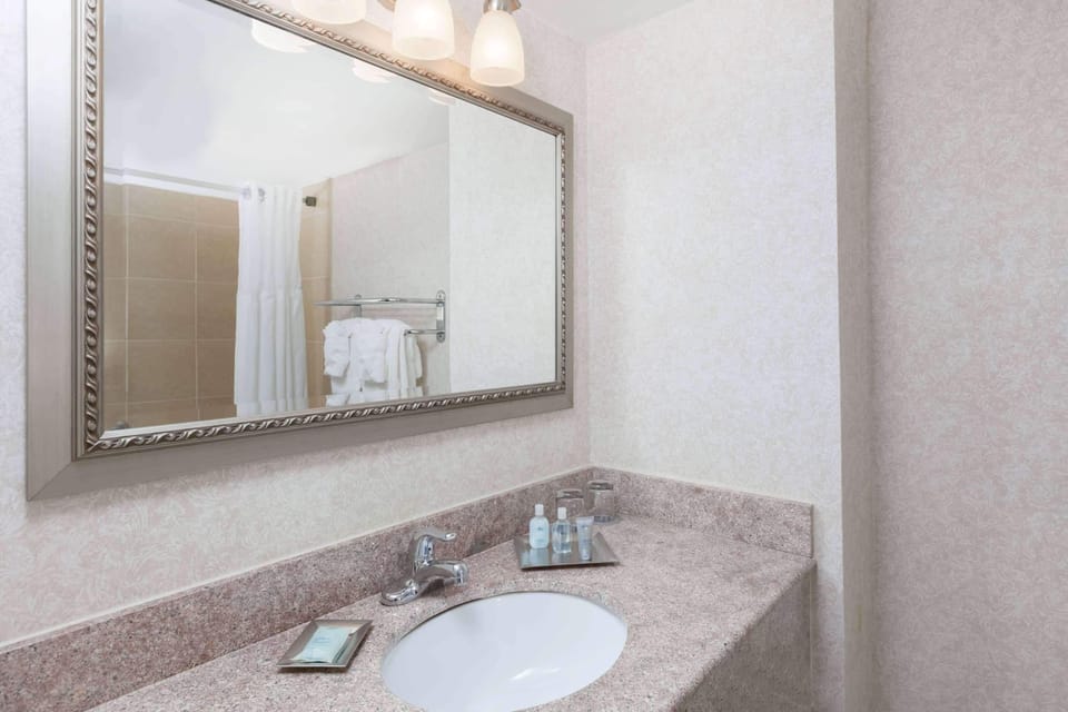 Combined shower/tub, eco-friendly toiletries, hair dryer, towels