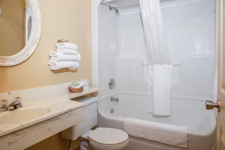 Combined shower/tub, hair dryer, towels