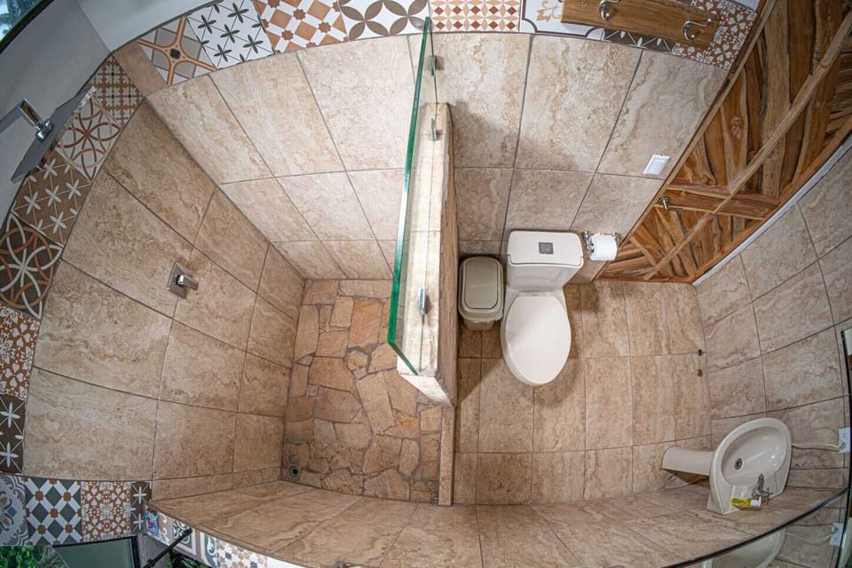 Shower, rainfall showerhead, towels, soap