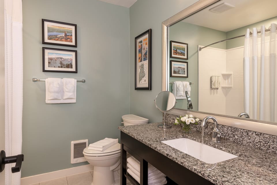 Eco-friendly toiletries, hair dryer, bathrobes, towels