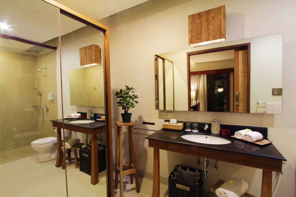 Deluxe Double Room, Pool View | Bathroom | Shower, hair dryer, towels, soap