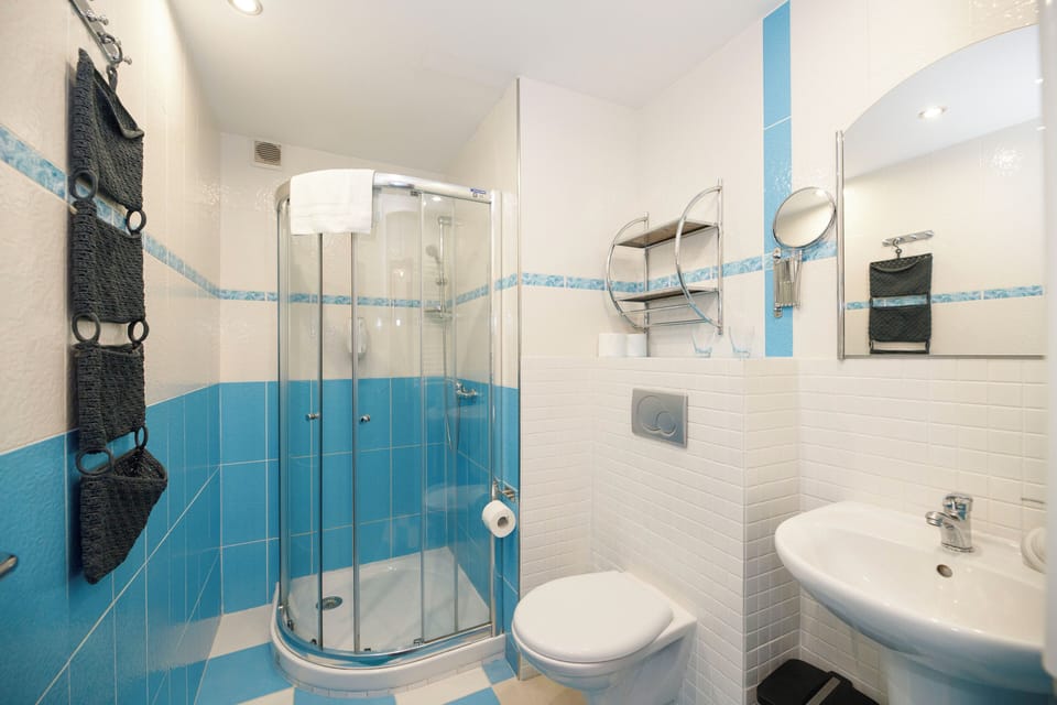 Shower, free toiletries, hair dryer, towels