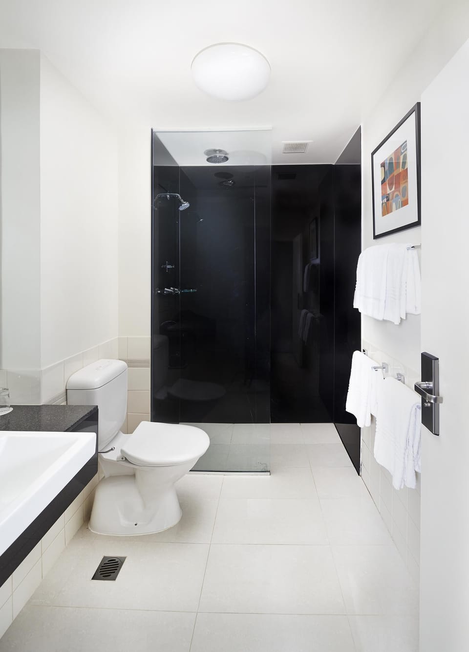 Shower, rainfall showerhead, eco-friendly toiletries, hair dryer