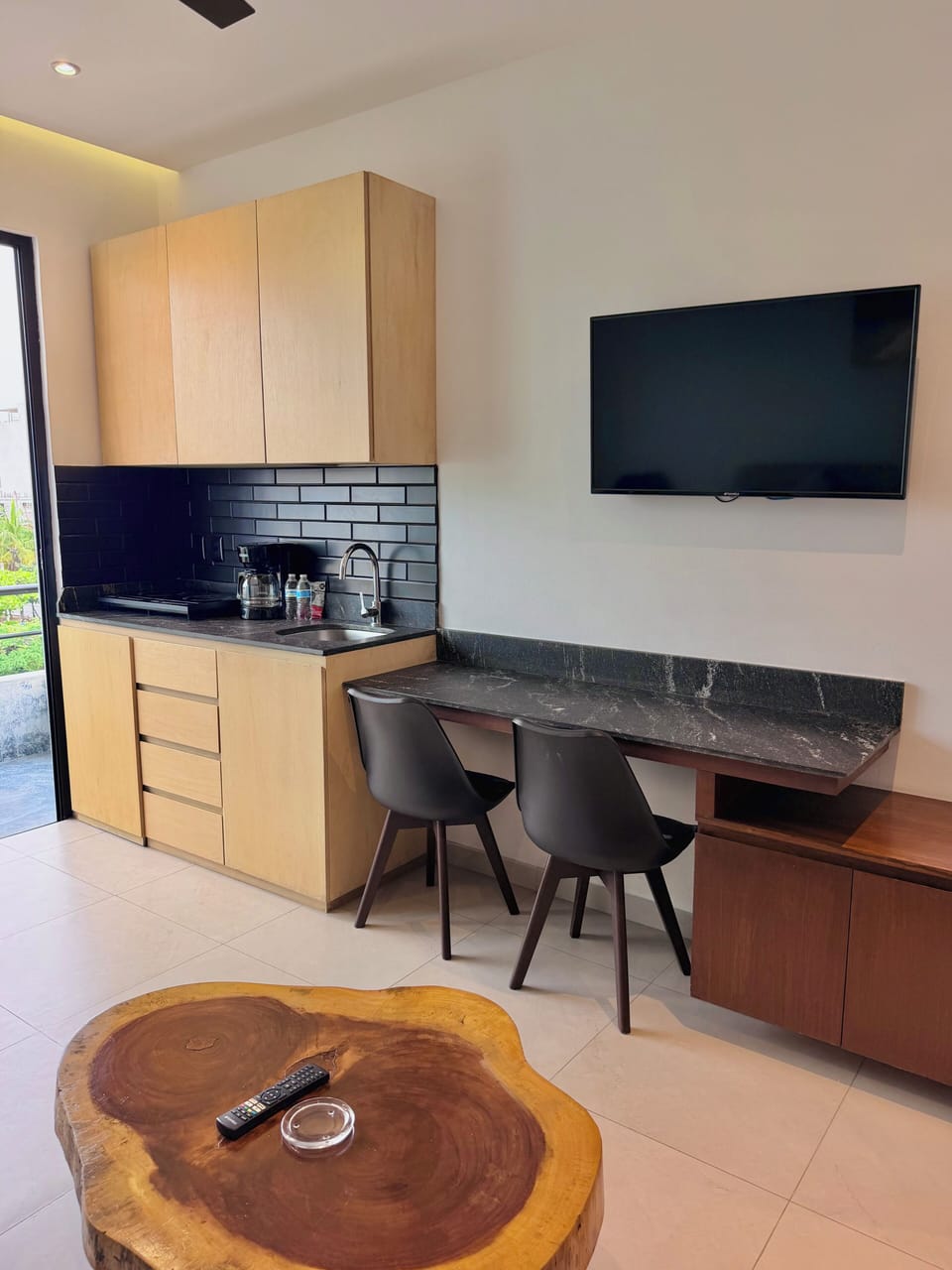 Mini-fridge, microwave, stovetop, toaster