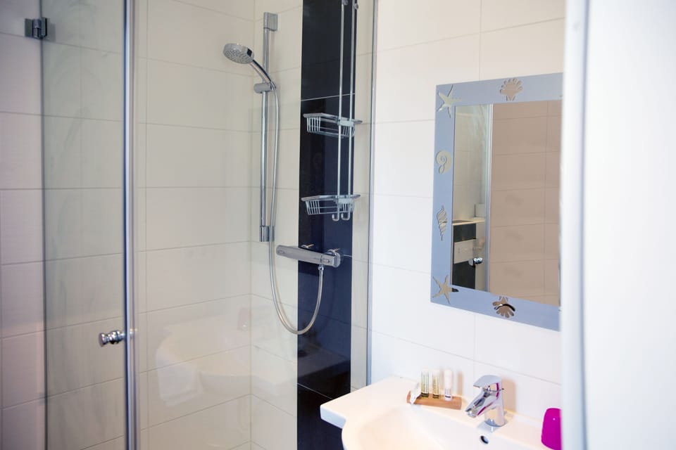 Shower, hair dryer, towels, toilet paper