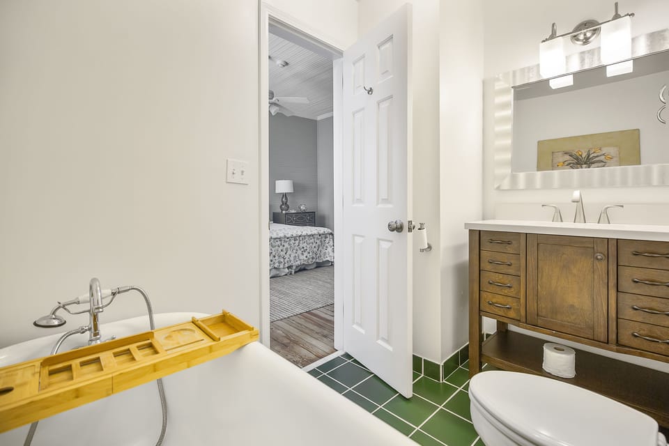 Designer toiletries, hair dryer, towels, soap