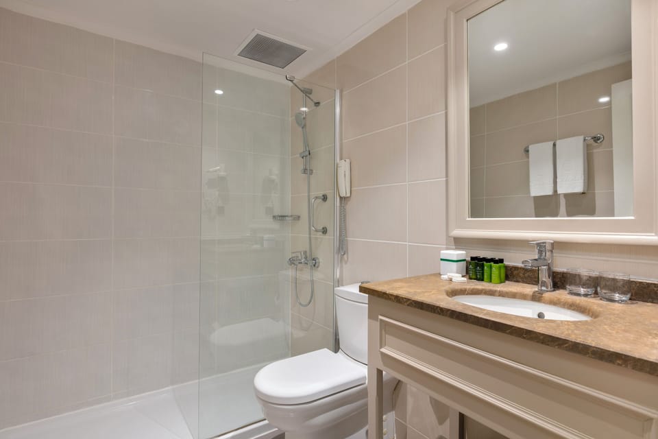 Shower, hair dryer, slippers, towels
