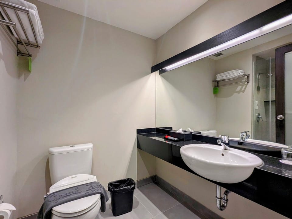 Combined shower/tub, hydromassage showerhead, hair dryer, slippers