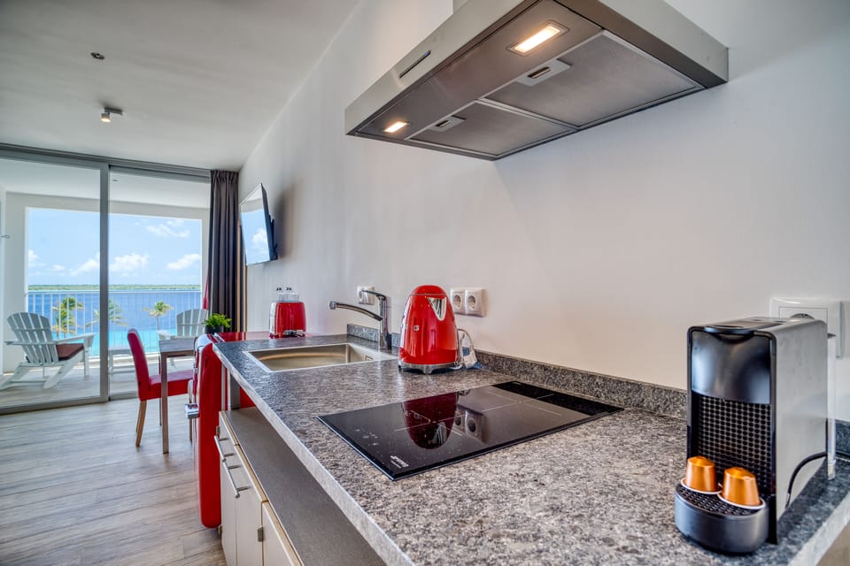 Full-size fridge, microwave, stovetop, espresso maker