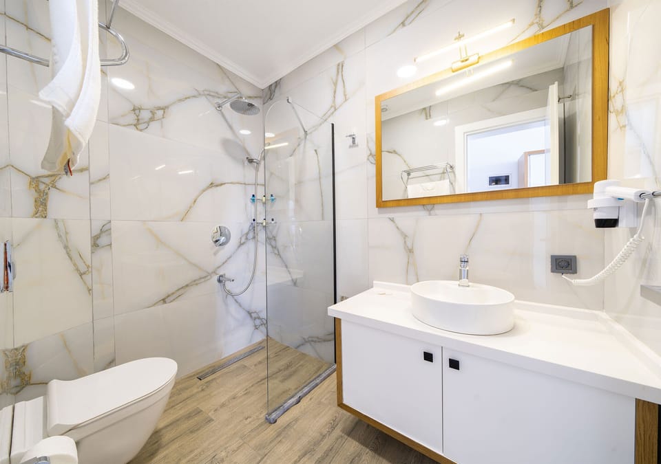 Standard Deluxe Room | Bathroom | Shower, designer toiletries, hair dryer, slippers