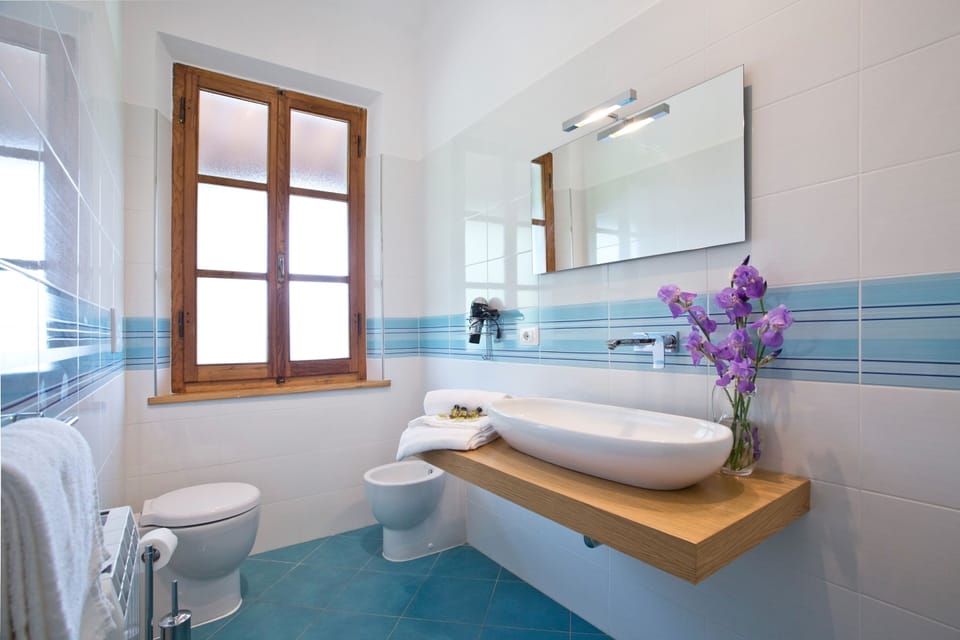 Shower, rainfall showerhead, free toiletries, hair dryer