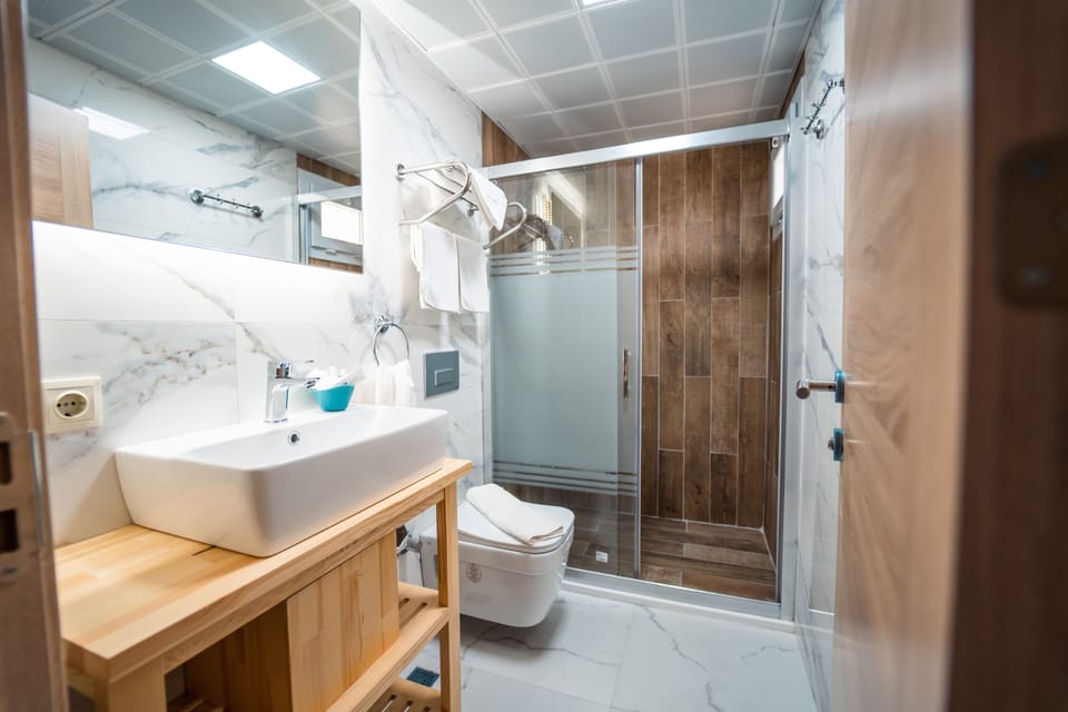 Shower, free toiletries, hair dryer, slippers