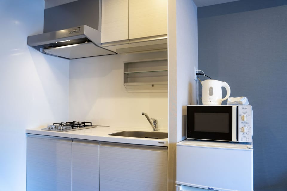 Deluxe Apartment | Private kitchen | Full-size fridge, microwave, cookware/dishes/utensils, paper towels