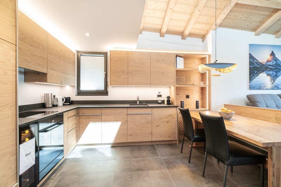 Two-Bedroom Attic Apartment with Matterhorn View | Private kitchen | Full-size fridge, oven, stovetop, dishwasher