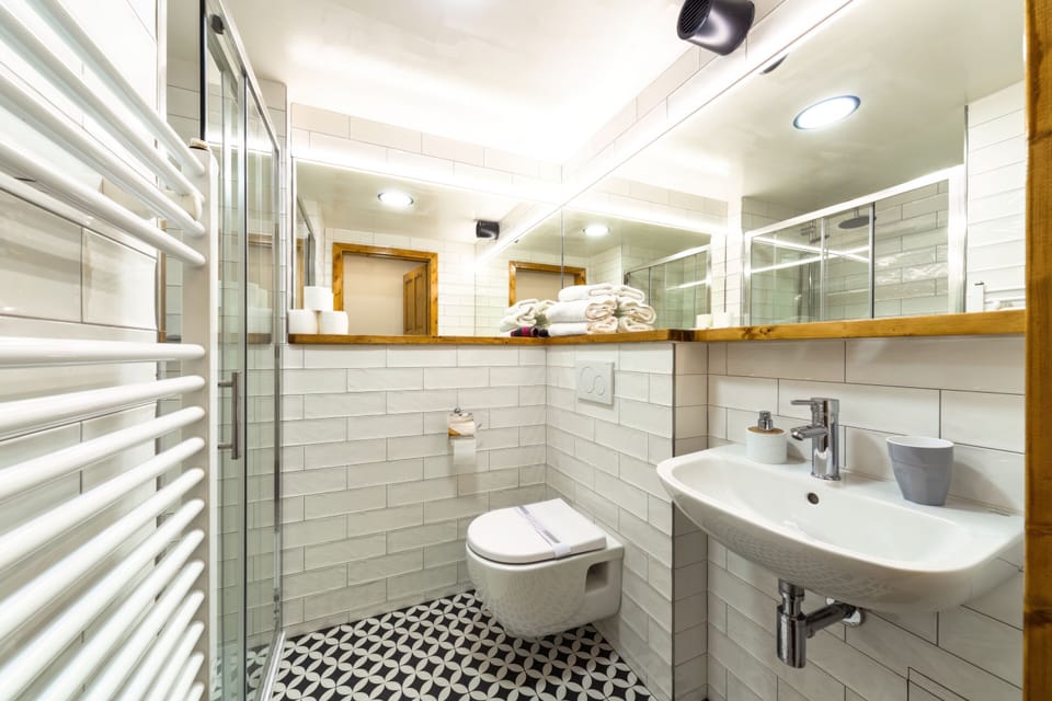 Studio | Bathroom | Hair dryer, towels, soap, toilet paper