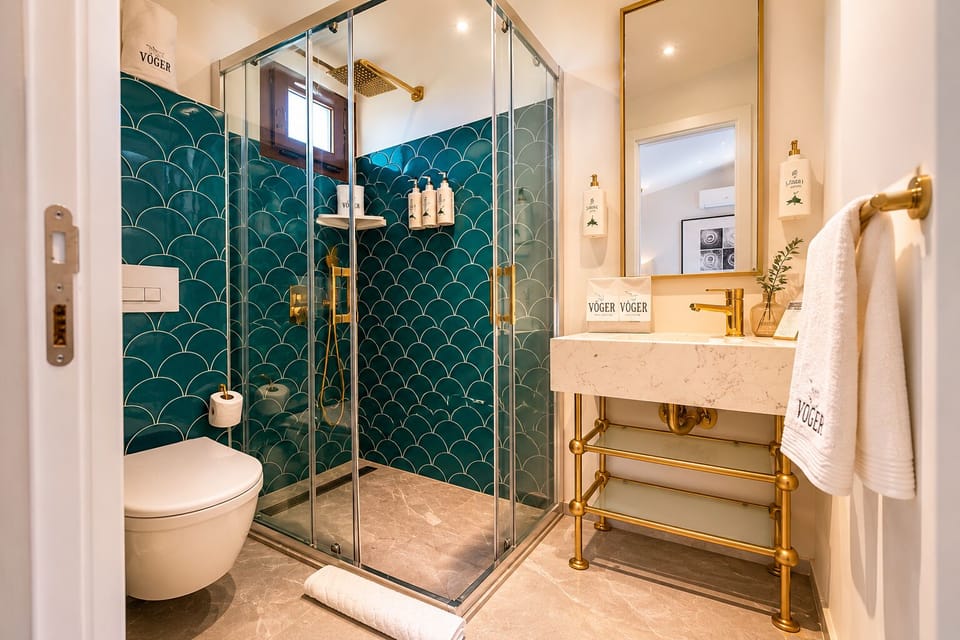 Shower, rainfall showerhead, hair dryer, slippers