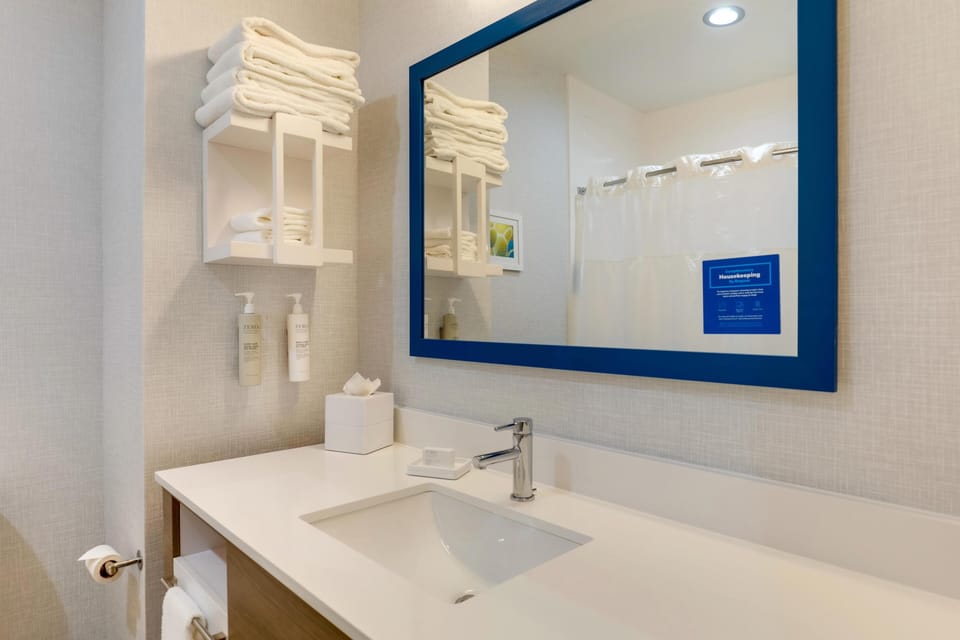 Hair dryer, towels, soap, shampoo