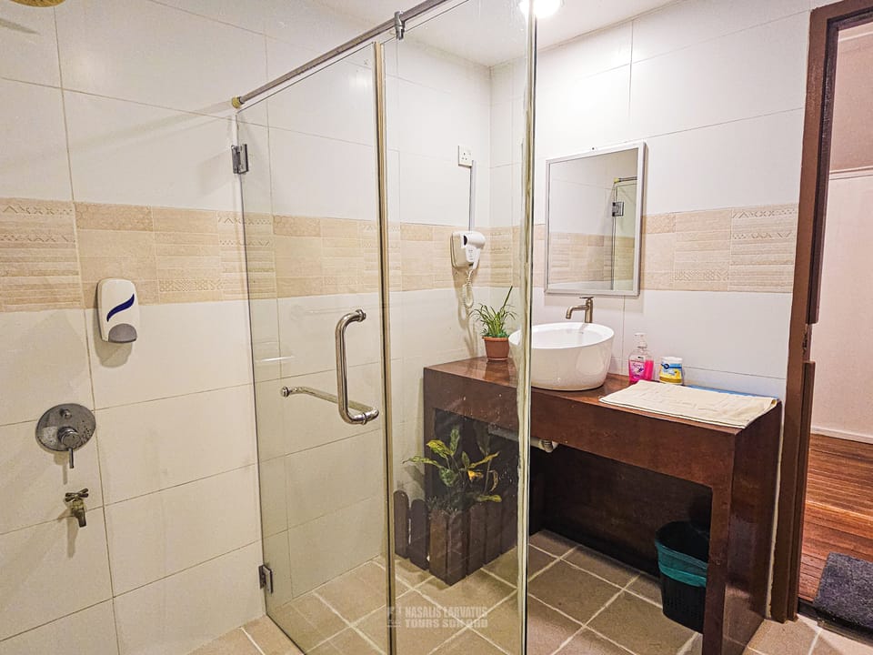 Shower, bidet, towels, soap