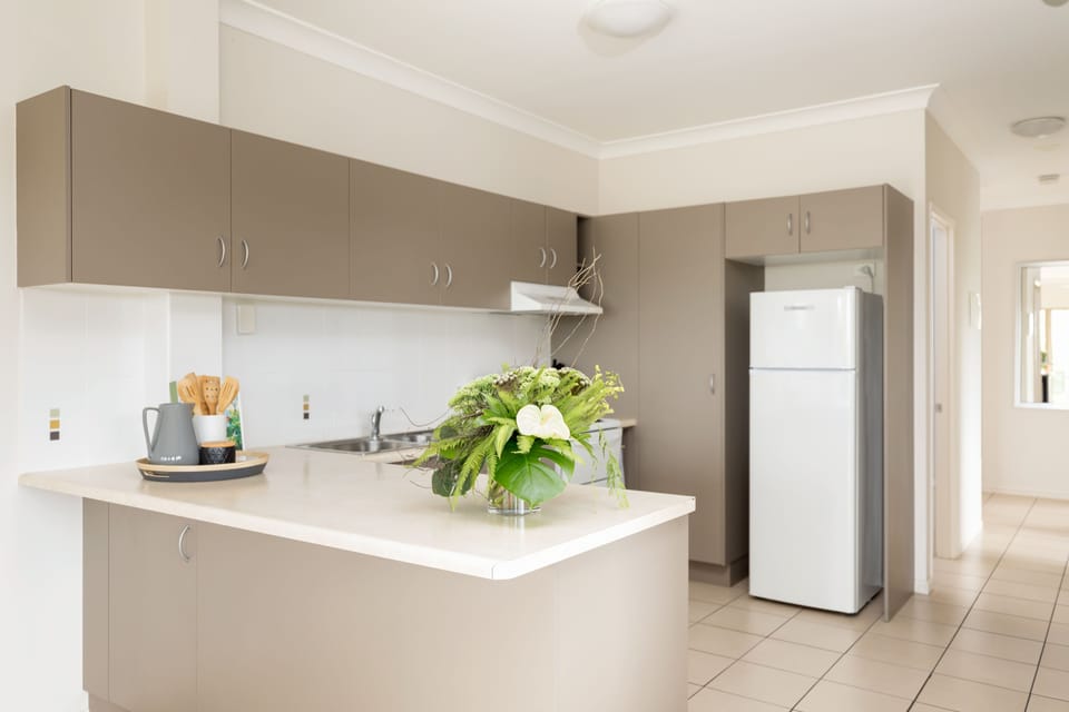Full-size fridge, oven, stovetop, dishwasher