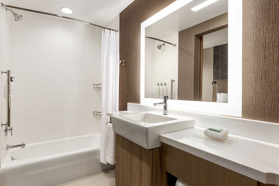 Shower, hydromassage showerhead, designer toiletries, hair dryer