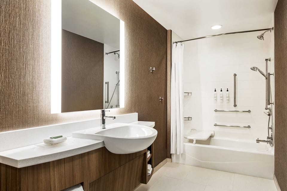 Shower, hydromassage showerhead, designer toiletries, hair dryer