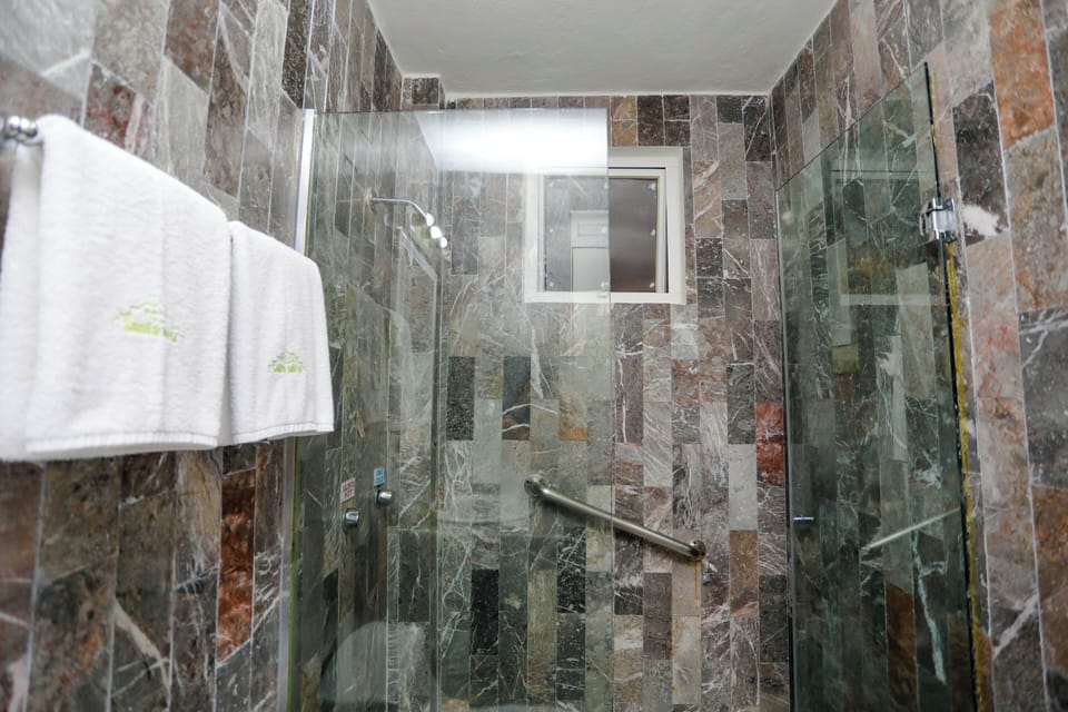 Shower, free toiletries, towels