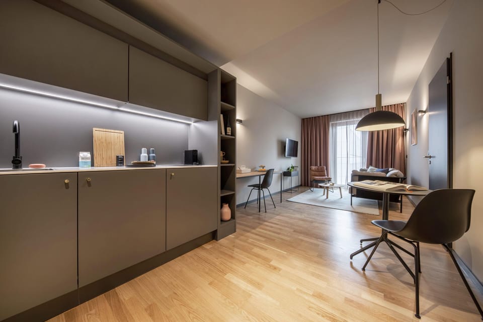 Standard Apartment, 1 Queen Bed, Kitchen (Full Kitchen) | Private kitchenette | Full-size fridge, microwave, stovetop, dishwasher