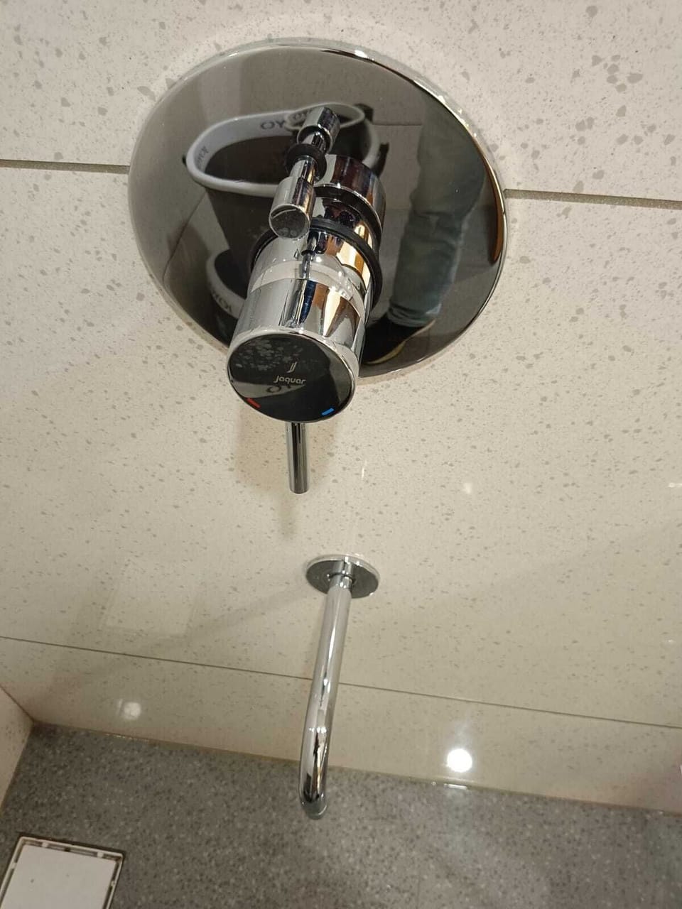 Shower, rainfall showerhead, designer toiletries, hair dryer