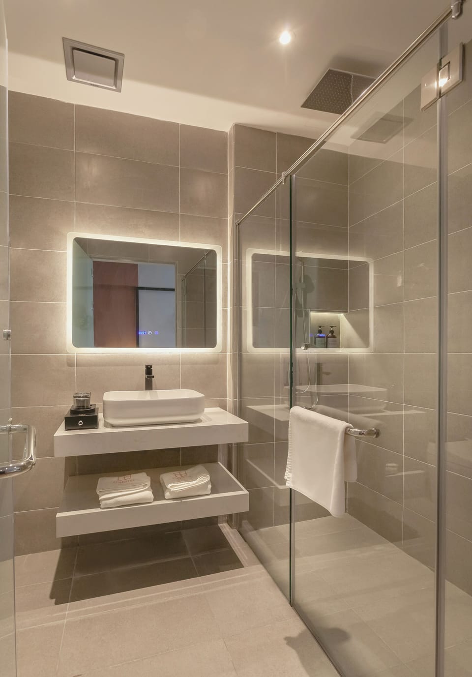 Shower, rainfall showerhead, hair dryer, slippers