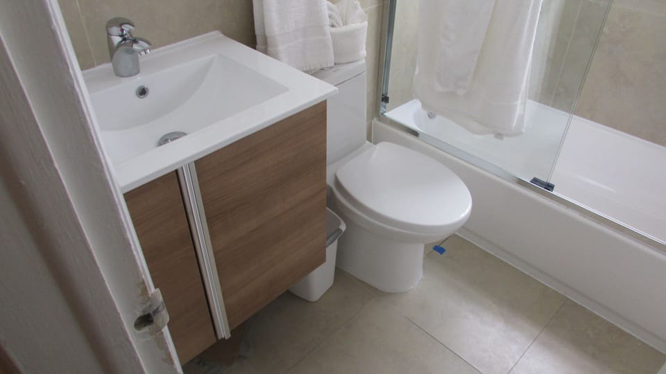 Combined shower/tub, free toiletries, hair dryer, towels