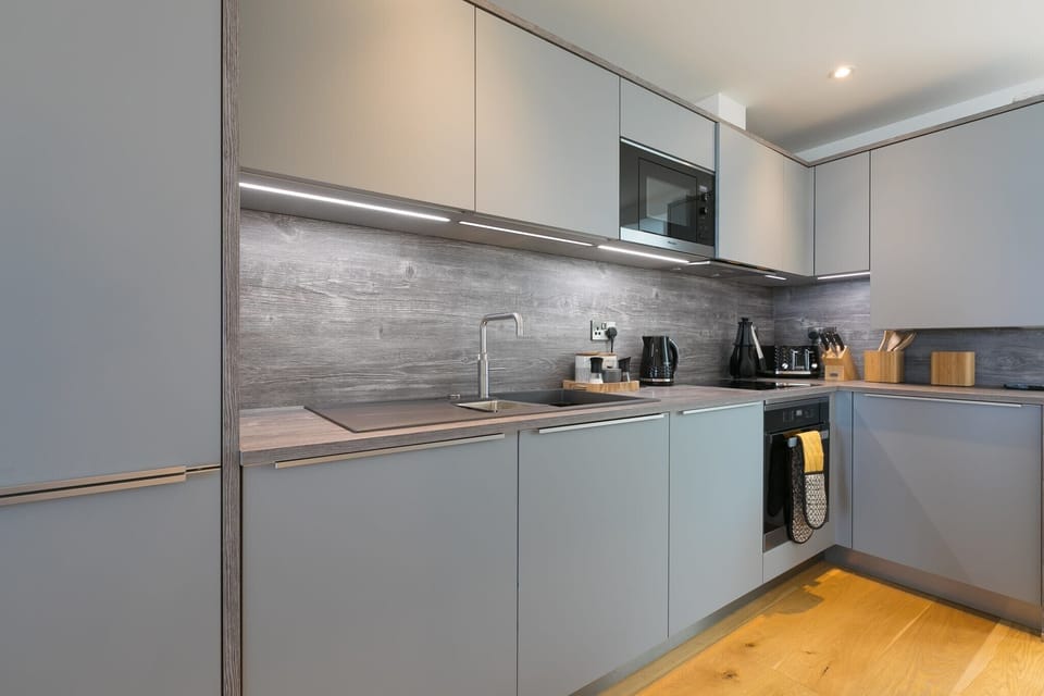 Fridge, dishwasher, electric kettle, toaster