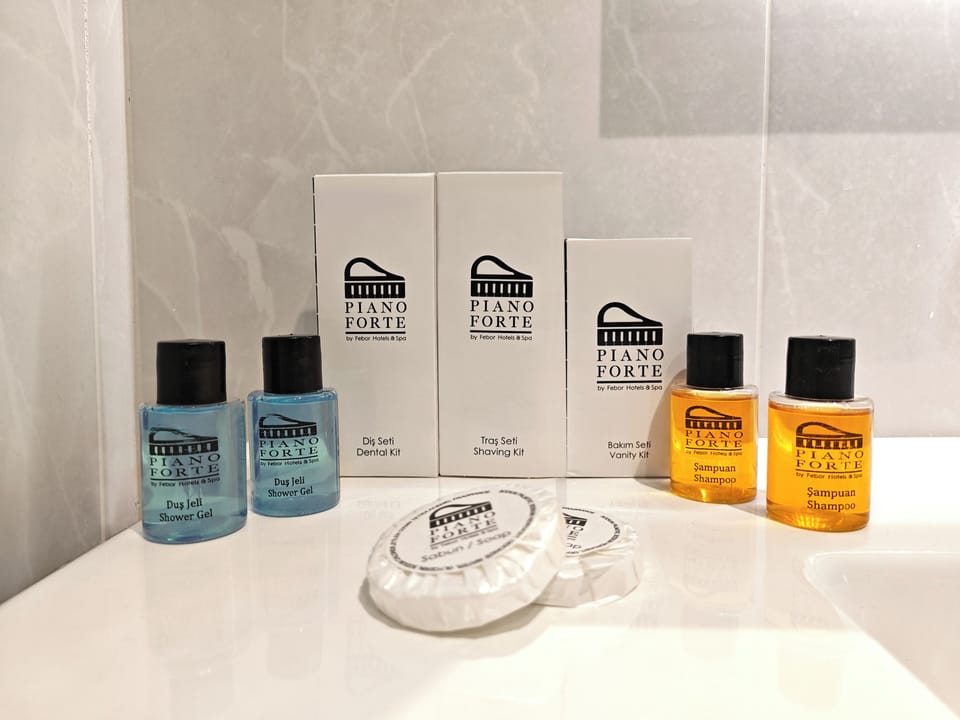 Shower, designer toiletries, hair dryer, slippers