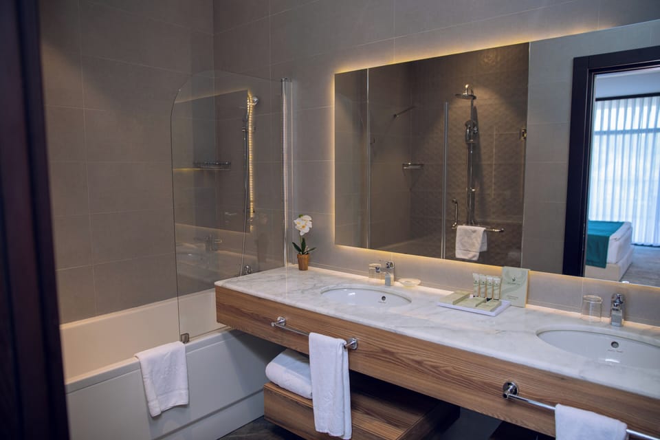 Shower, rainfall showerhead, designer toiletries, hair dryer