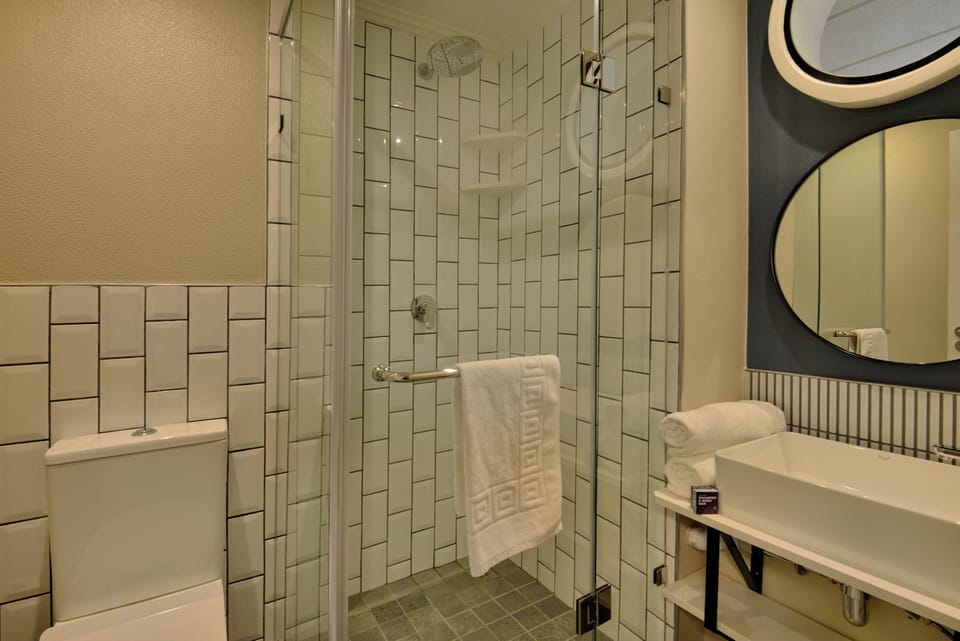 Shower, free toiletries, hair dryer, towels