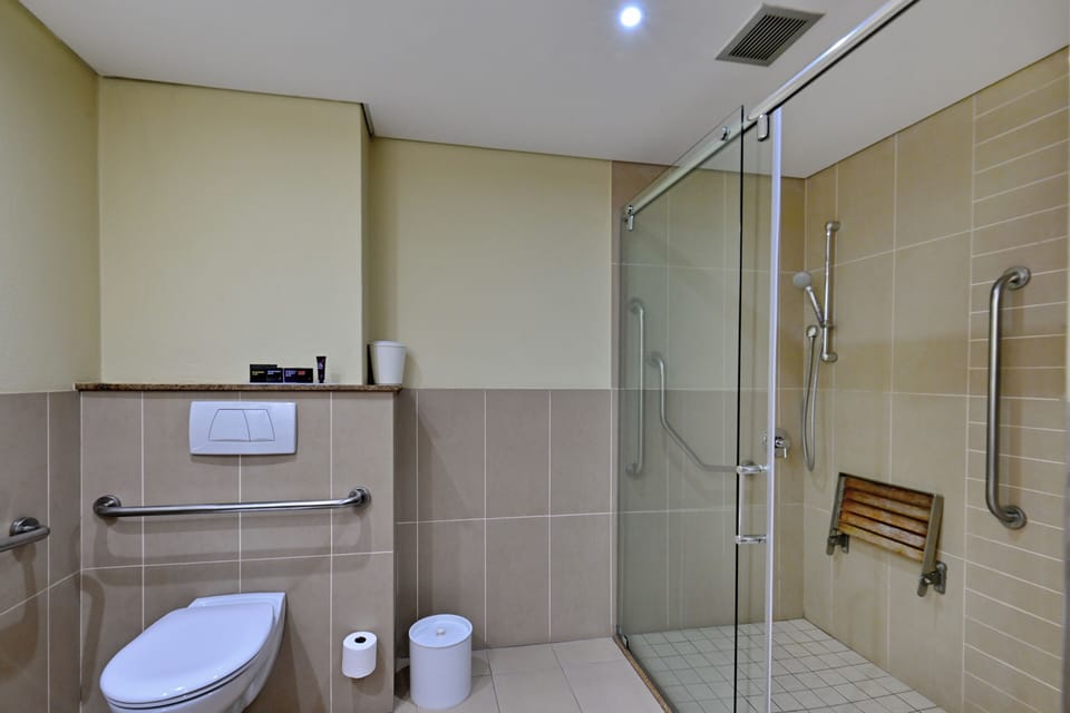 Separate tub and shower, hair dryer, towels