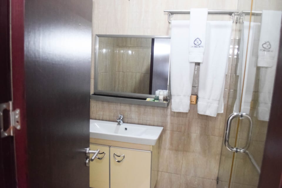 Rainfall showerhead, hair dryer, slippers, towels