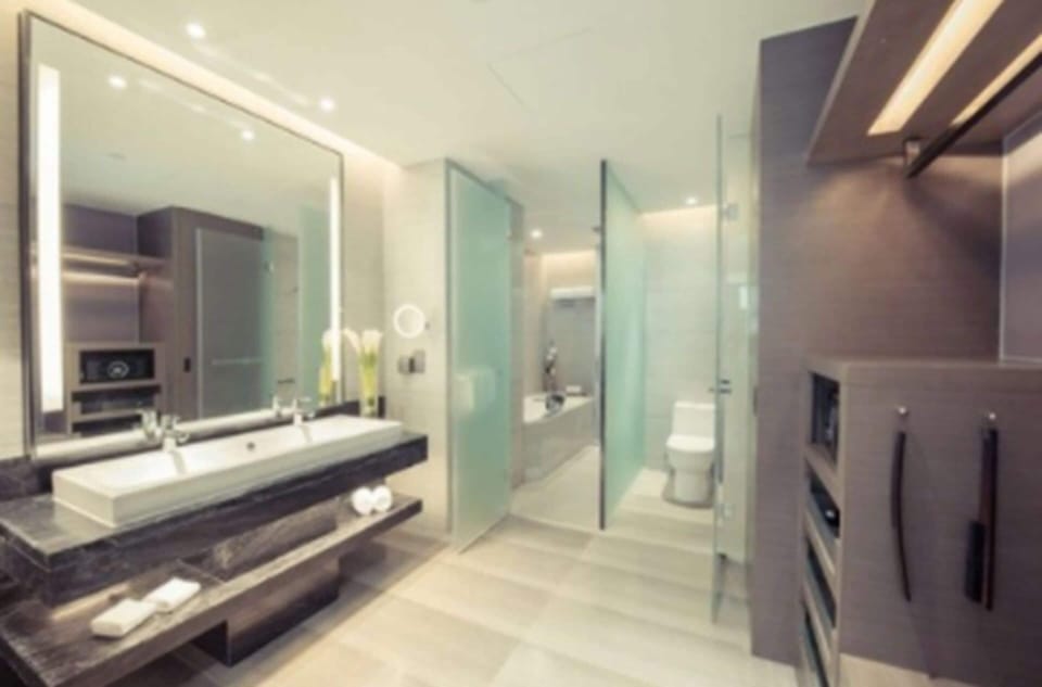 Separate tub and shower, rainfall showerhead, designer toiletries